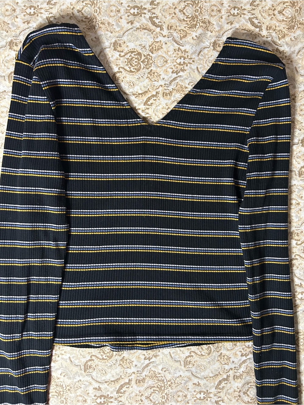 PacSun Navy Stripe V-Neck Long Sleeve Crop Top with Yellow Accents - Picture 8 of 9